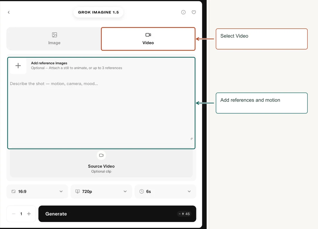 Arrows highlight: Select Video; Add references and motion.
