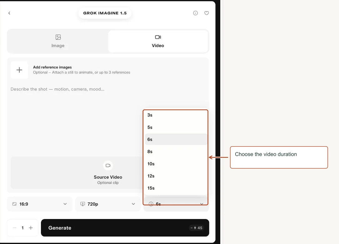Arrows highlight: Choose the video duration.