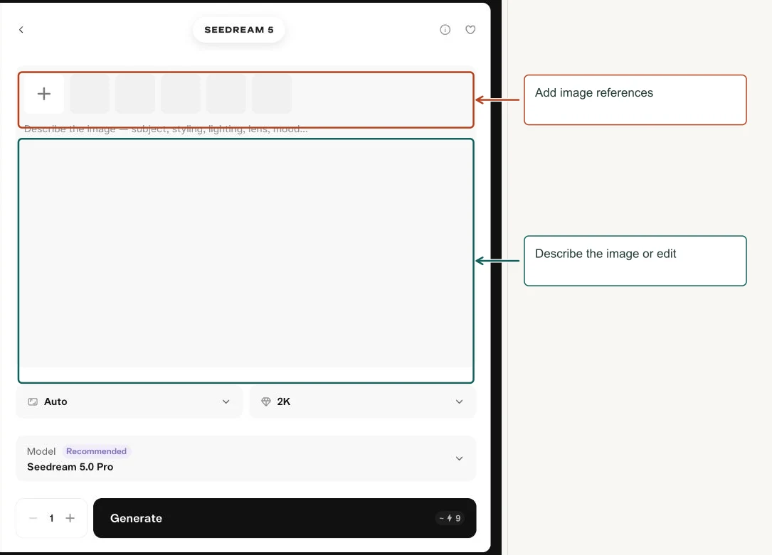 Arrows highlight: Add image references; Describe the image or edit.