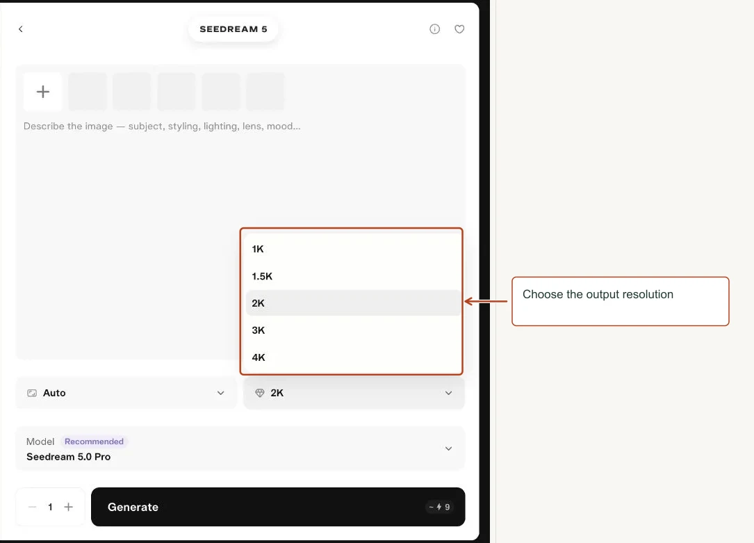 Arrows highlight: Choose the output resolution.