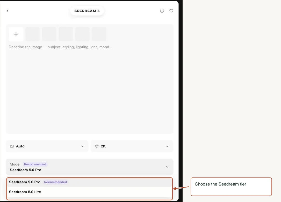Arrows highlight: Choose the Seedream tier.