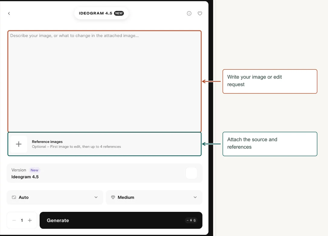 Arrows highlight: Write your image or edit request; Attach the source and references.
