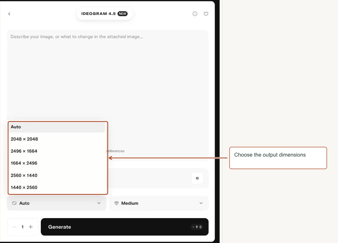 Arrows highlight: Choose the output dimensions.