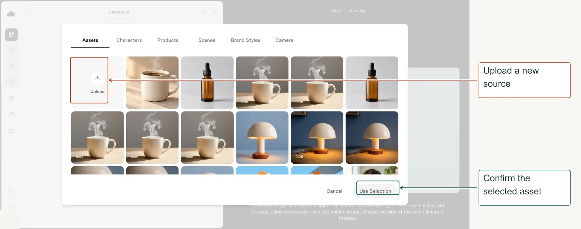 Arrows highlight: Upload a new source; Confirm the selected asset.
