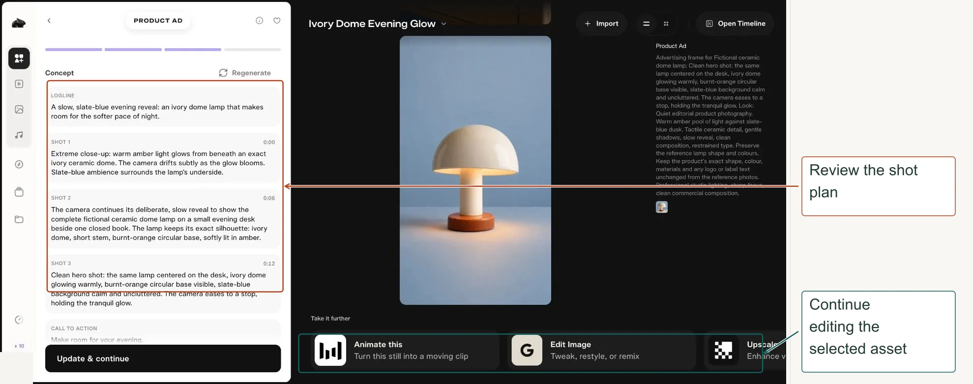 Arrows highlight: Review the shot plan; Continue editing the selected asset.