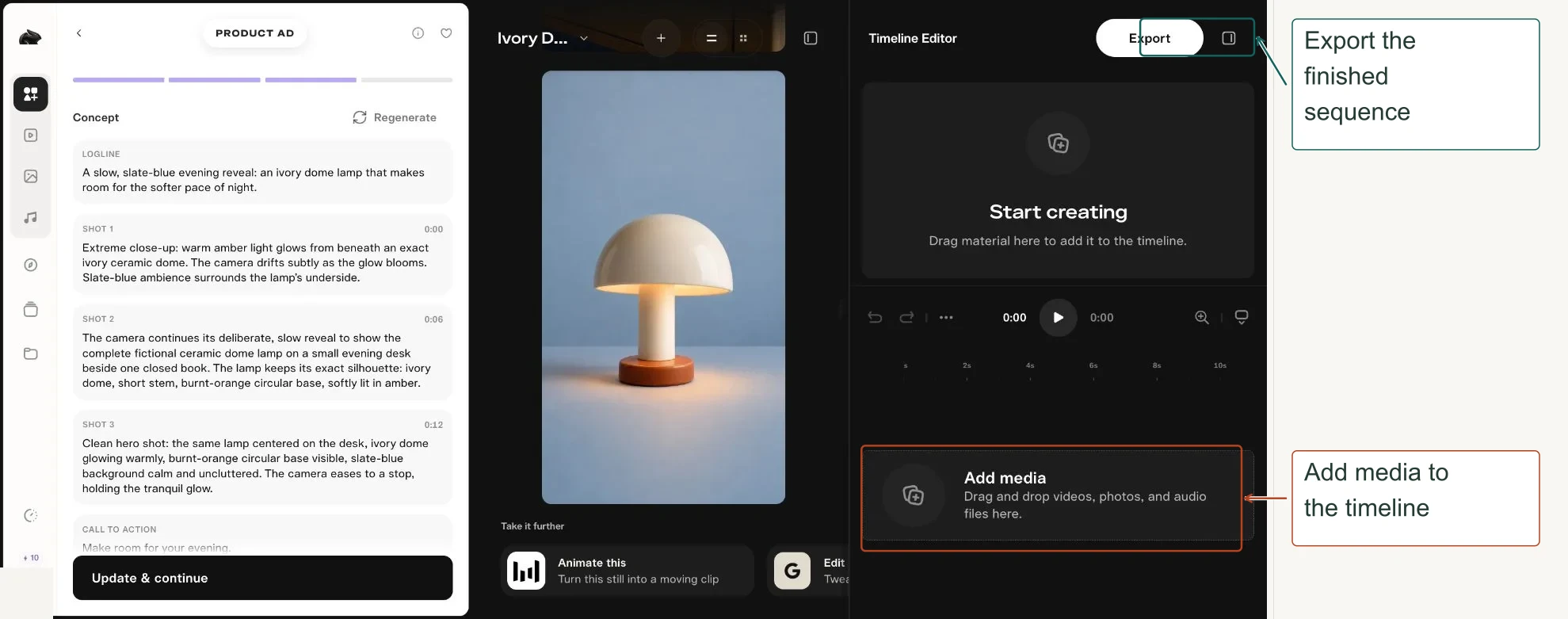Arrows highlight: Add media to the timeline; Export the finished sequence.