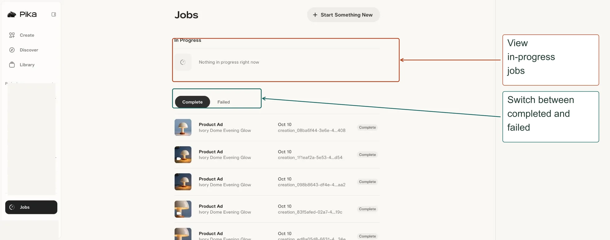 Arrows highlight: View in-progress jobs; Switch between completed and failed.