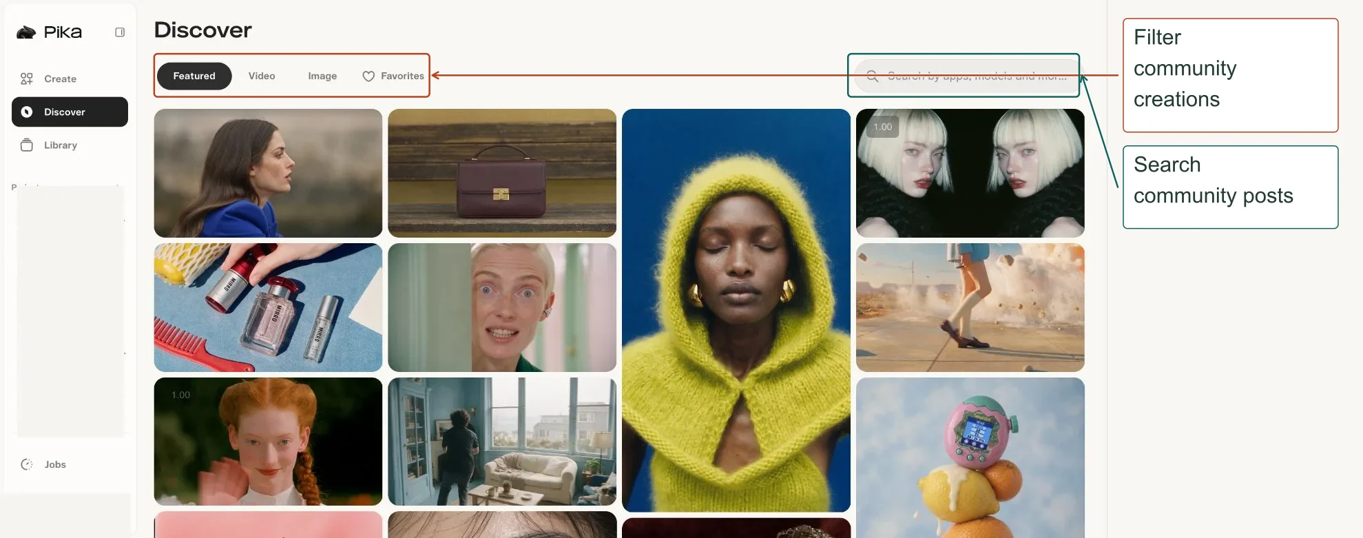 Arrows highlight: Filter community creations; Search community posts.