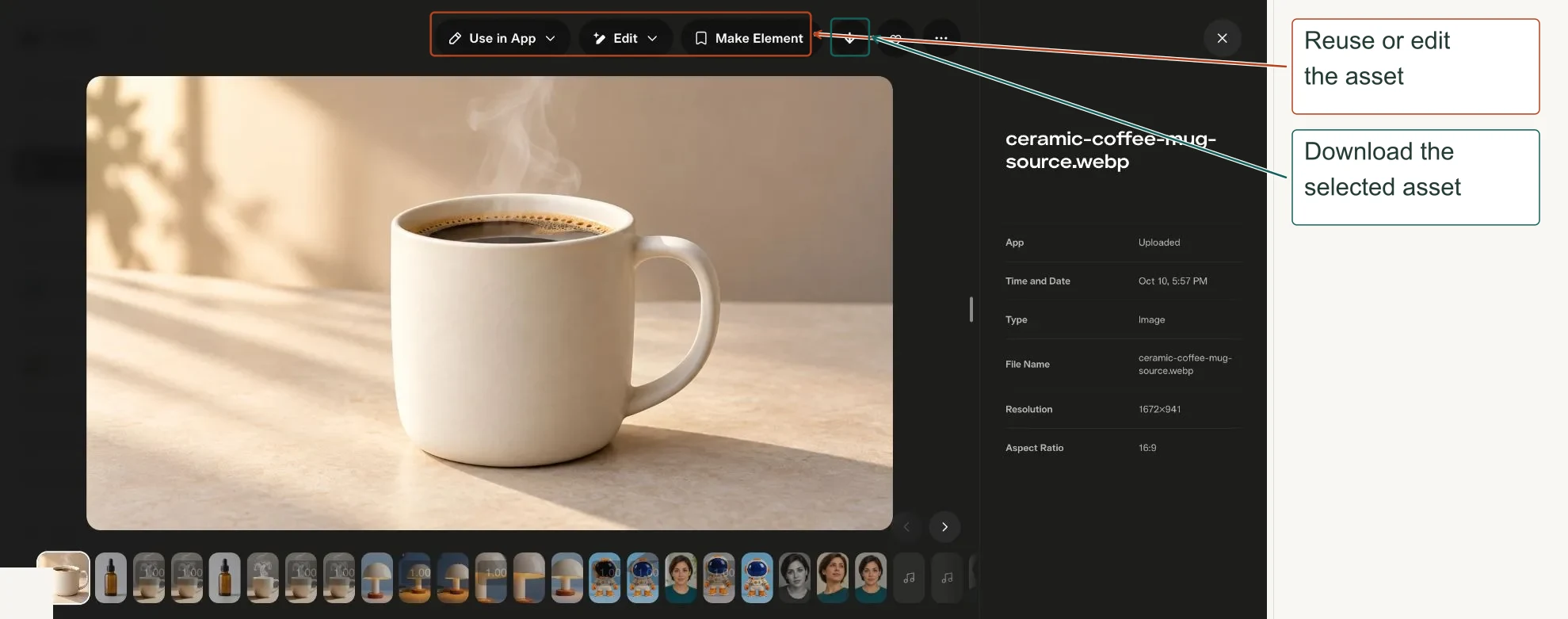 Arrows highlight: Reuse or edit the asset; Download the selected asset.