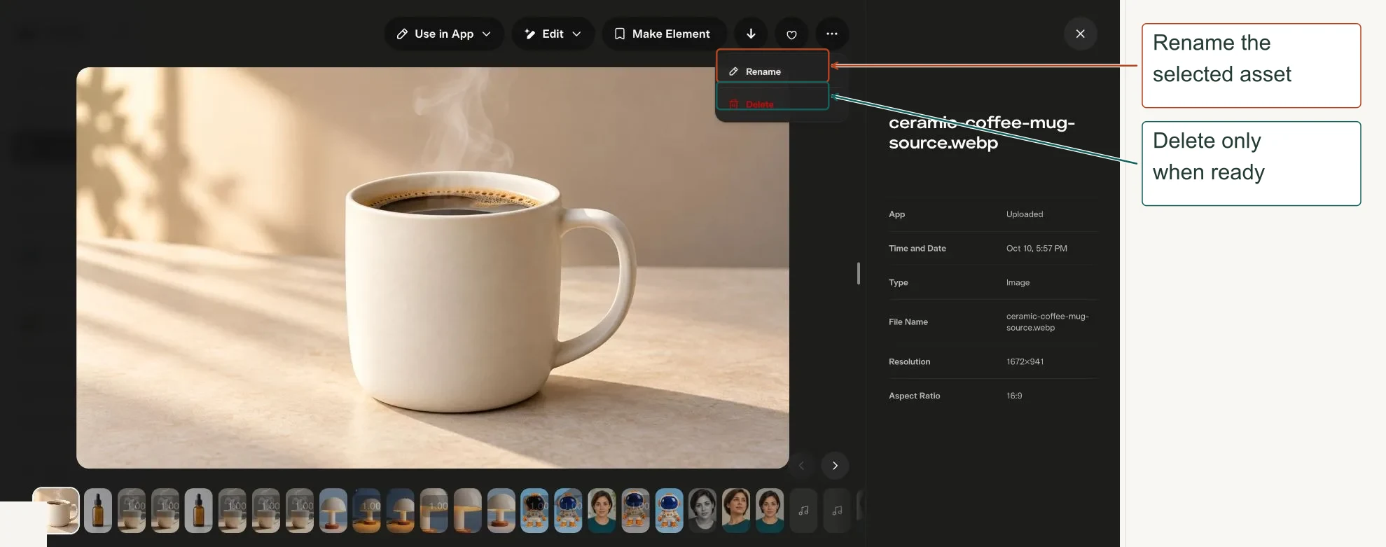 Arrows highlight: Rename the selected asset; Delete only when ready.
