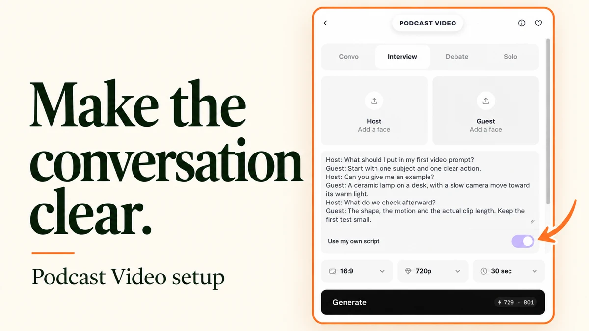 Make the conversation clear. with a marked Pika podcast video setup screen
