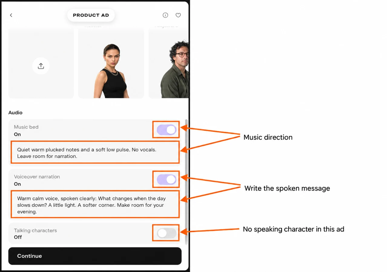 Music, voiceover and talking-character controls marked with small labels