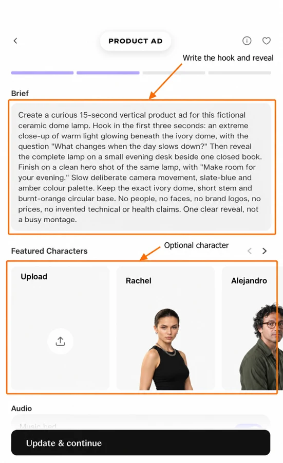 Brief and optional featured-character selector marked