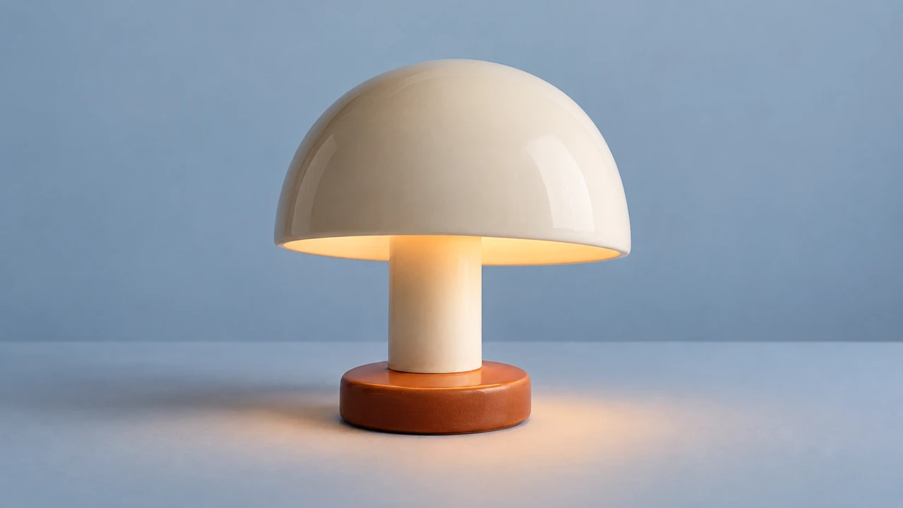 Fictional ivory ceramic dome lamp with an orange base on a blue background