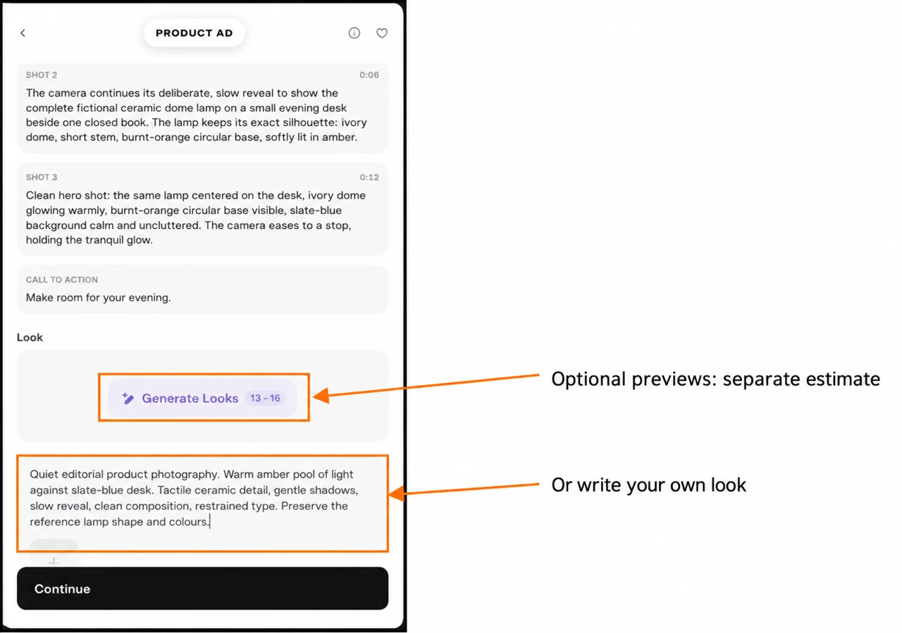 Optional look-preview estimate and custom look field marked in the Creative step