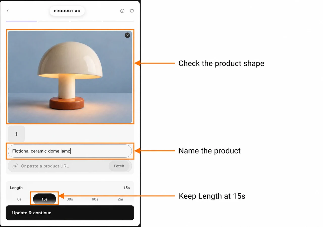 Product photo, name and 15-second length marked in the Product Ad form