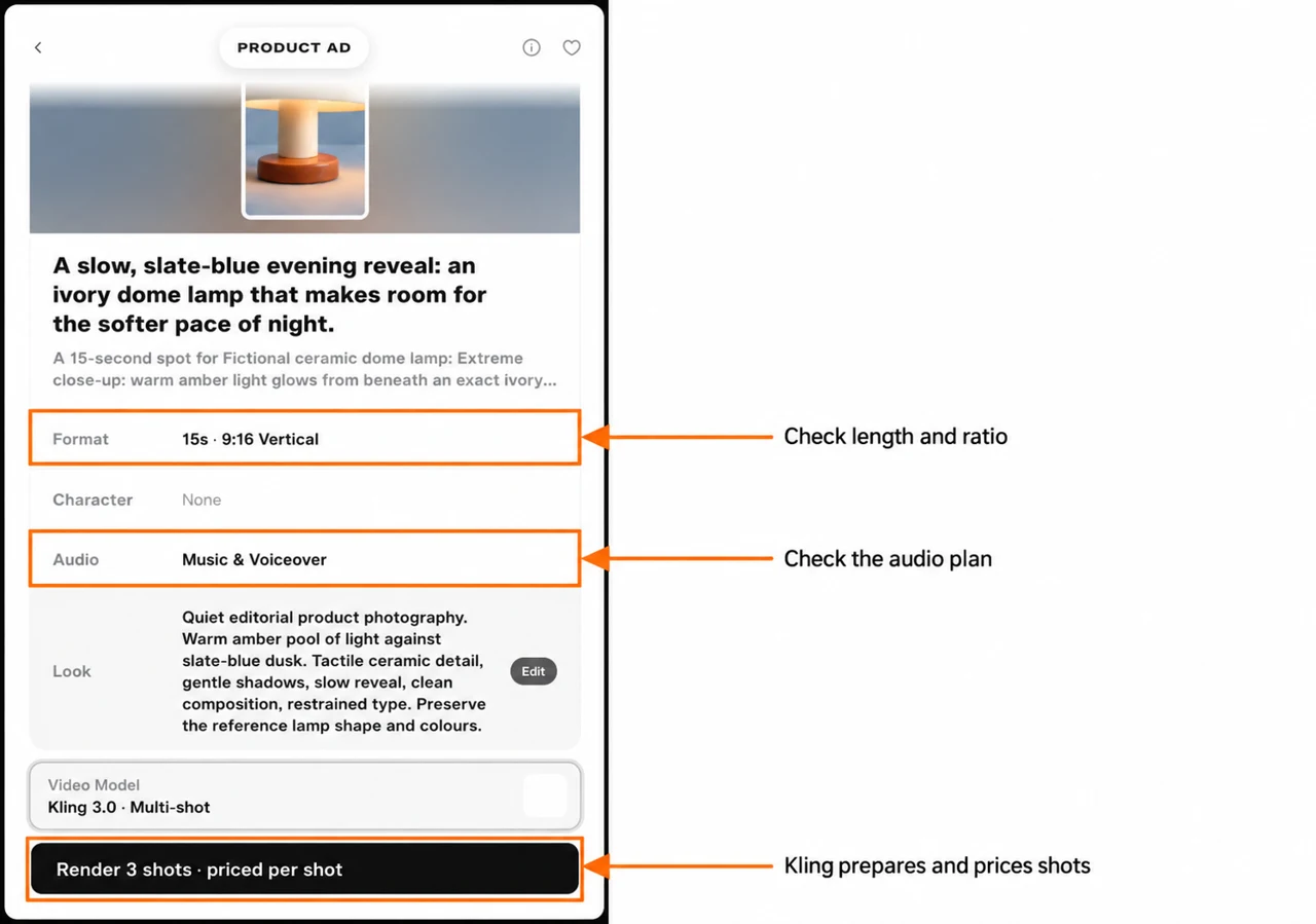 Review screen with format, audio and Kling rendering button marked