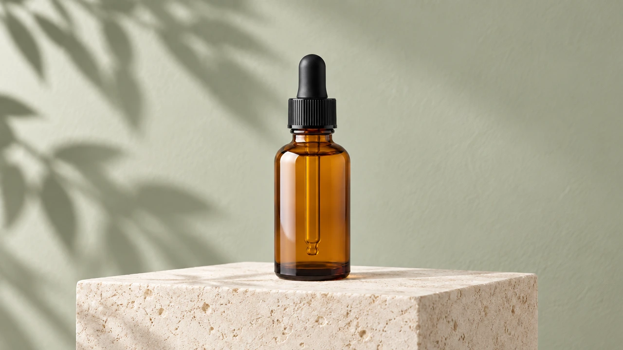 Product Shot result: amber serum bottle on limestone against a sage wall