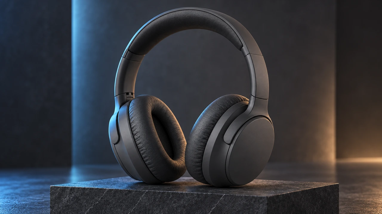 Product Shot result: charcoal headphones on dark stone with blue and warm studio light