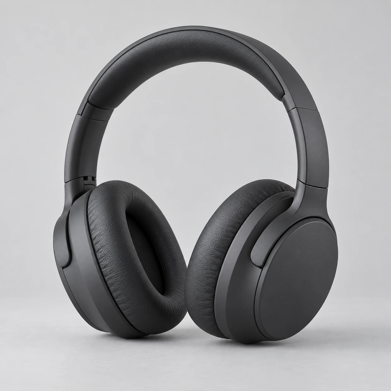 AI-created source photo of charcoal headphones on a plain background
