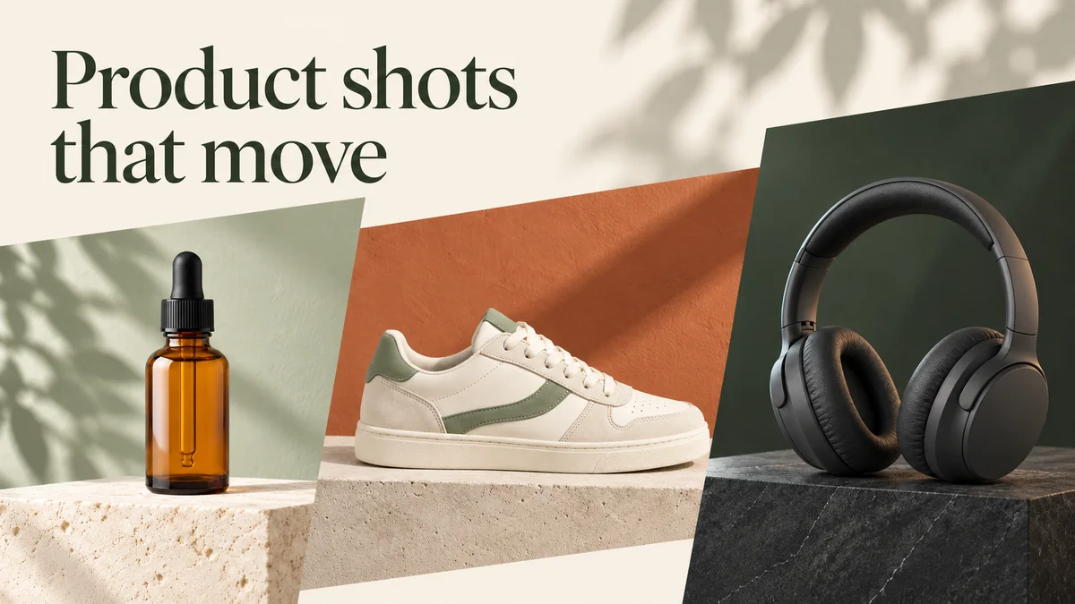 Our styled amber bottle, sage sneaker and charcoal headphones with the words Product shots that move