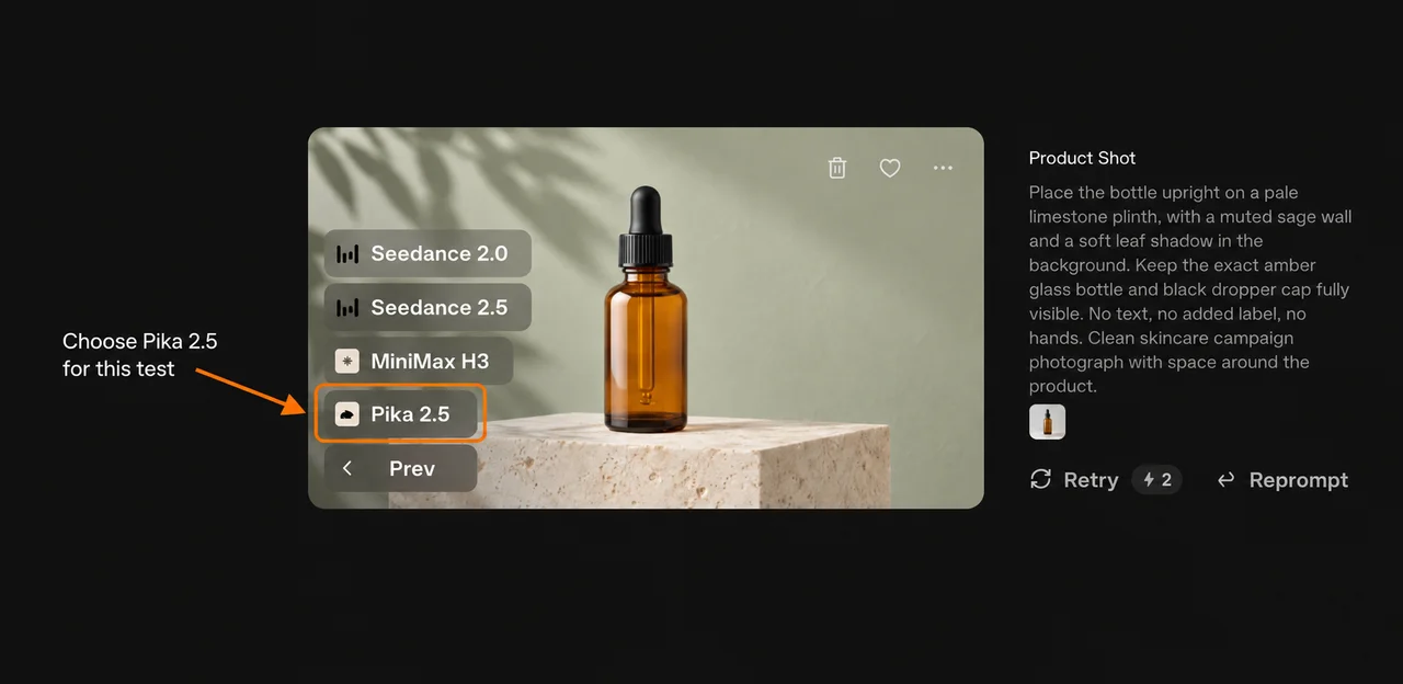 Real Animate menu with Pika 2.5 highlighted beside the styled bottle image