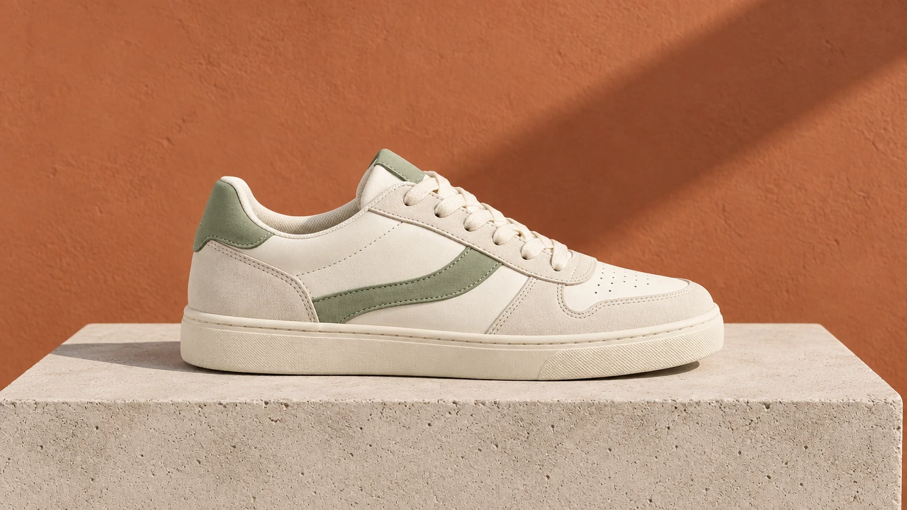 Product Shot result: cream and sage sneaker on concrete against terracotta