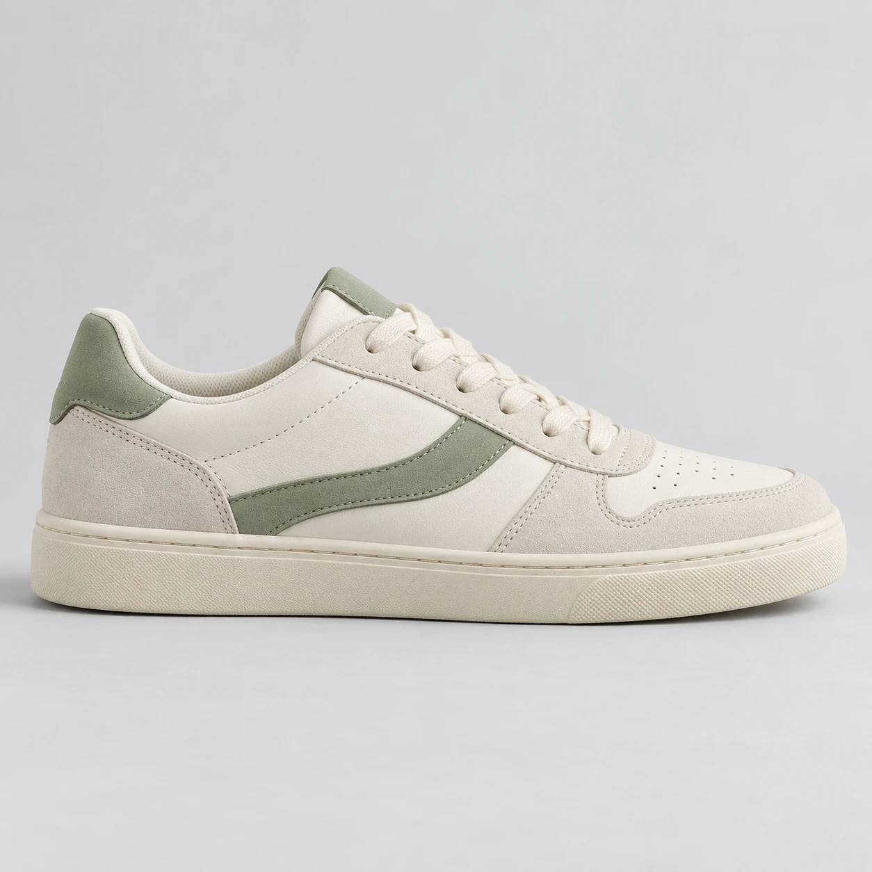 AI-created source photo of a cream and sage sneaker in side profile