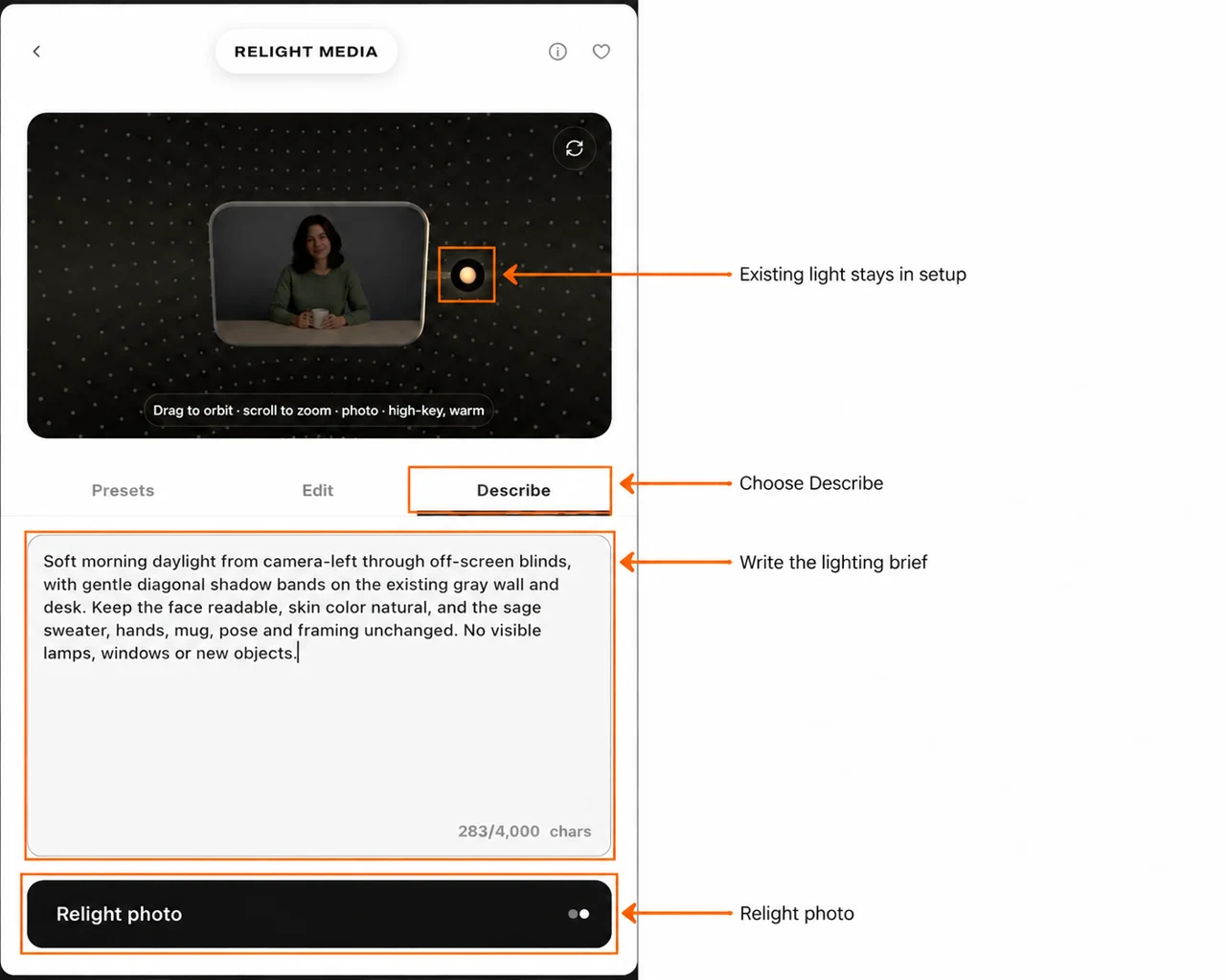 Annotated Describe tab, lighting brief and existing amber light point