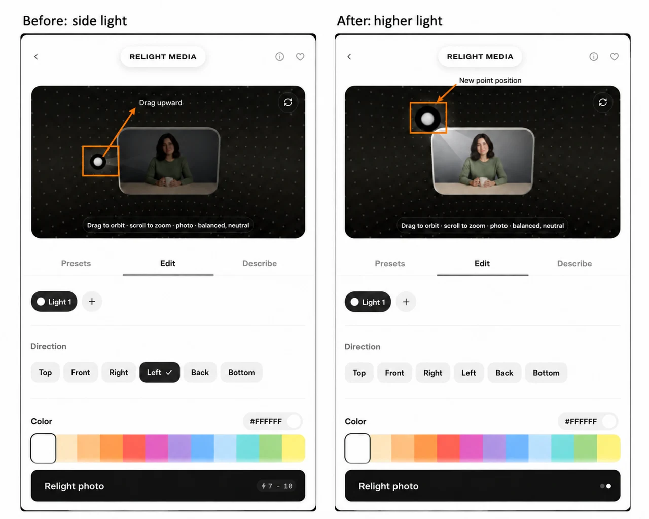 Before and after screenshots showing the white light point moved upward