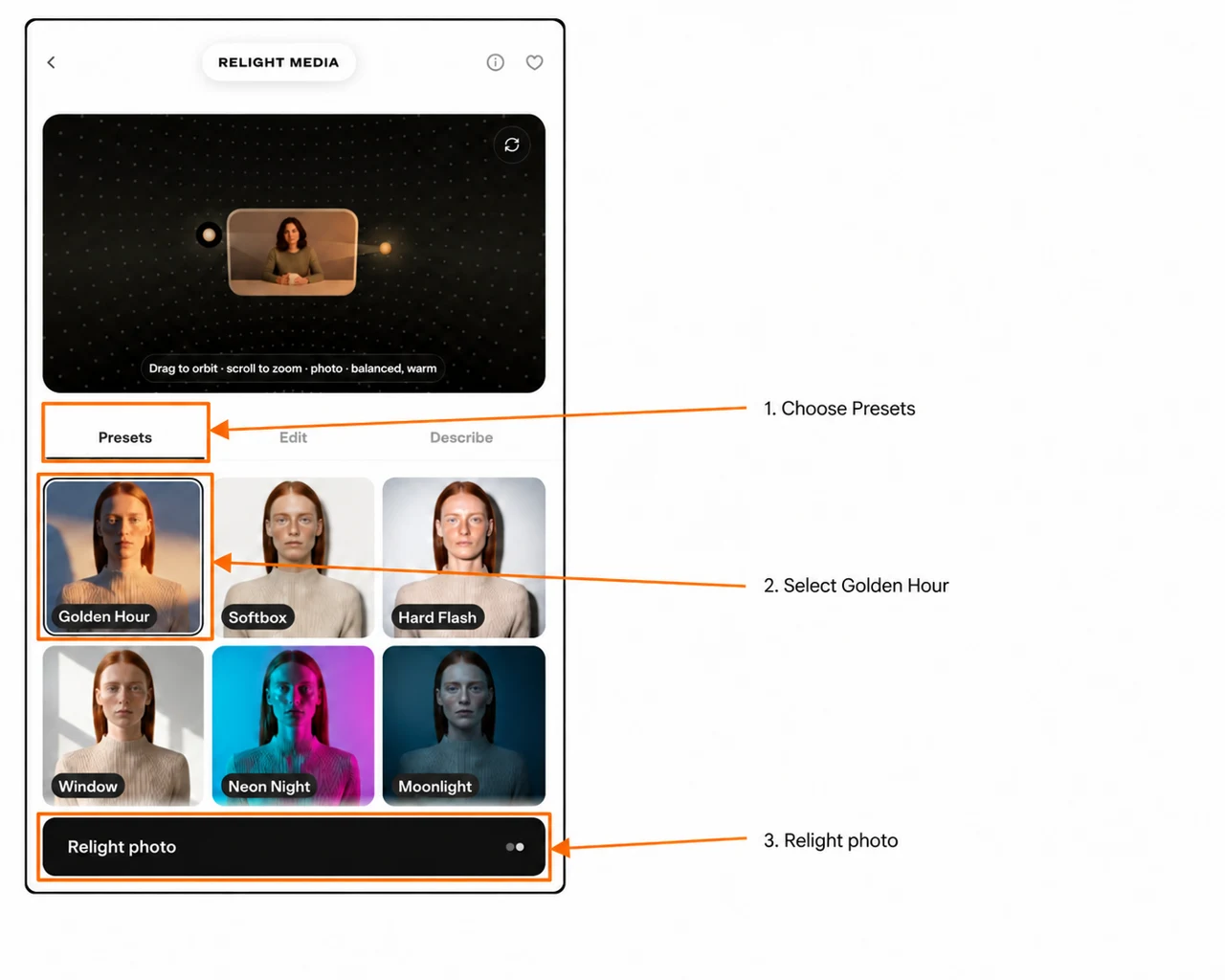 Annotated Golden Hour preset, setup preview and generation button