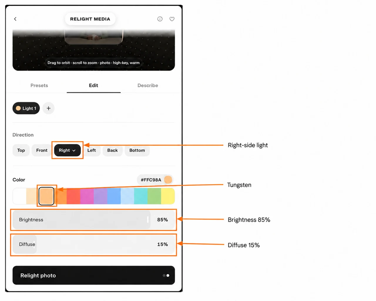 Annotated Right direction and Tungsten controls with brightness 85 percent and diffusion 15 percent