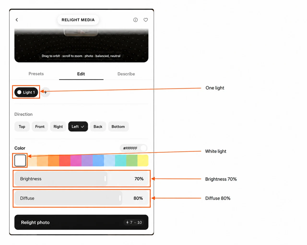 Annotated white light controls with brightness 70 percent and diffusion 80 percent