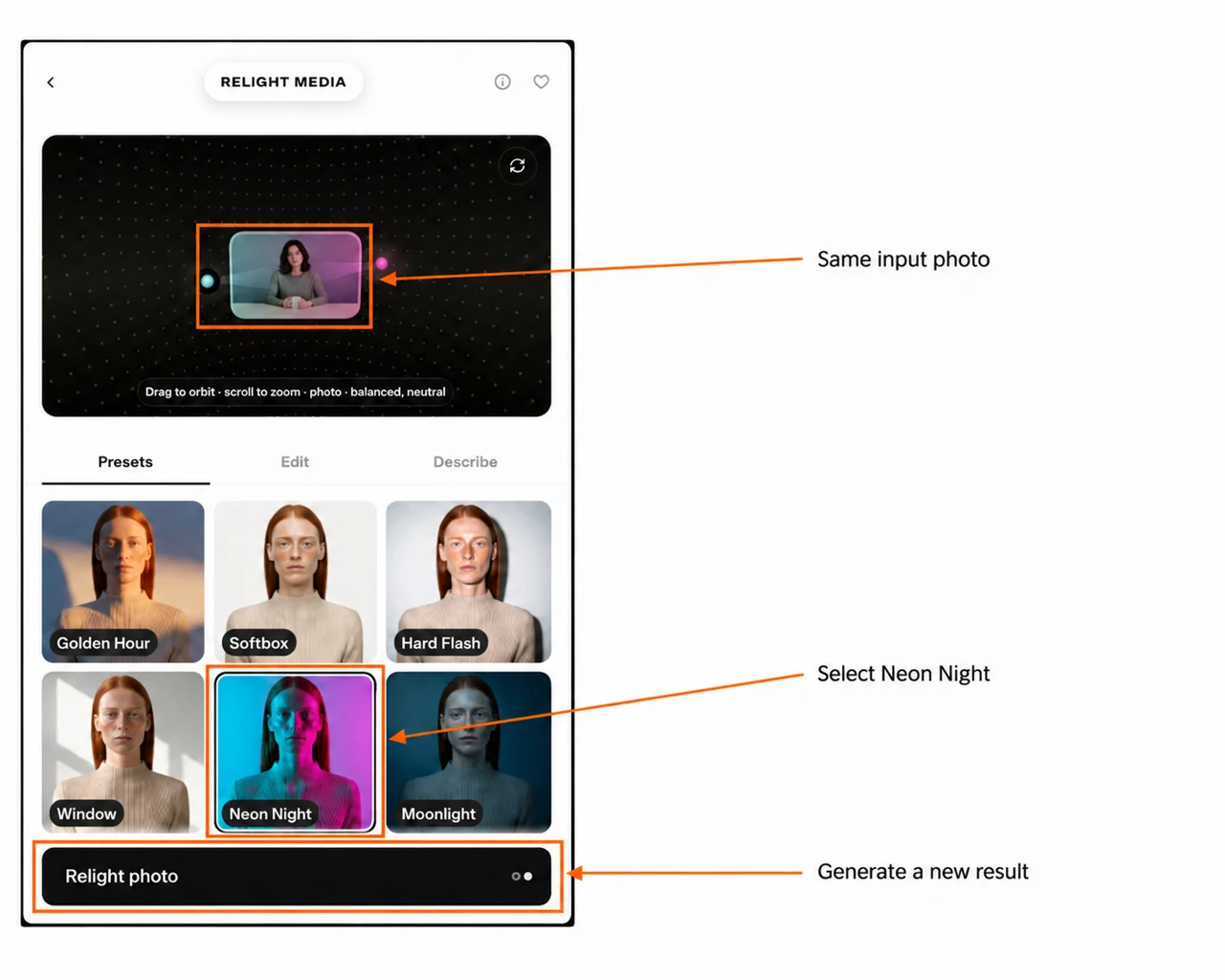 Annotated selected Neon Night card and source photo