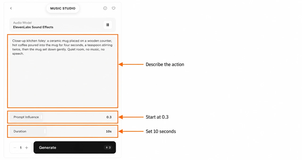 Coffee prompt with annotations pointing to the brief, influence 0.3 and duration 10s
