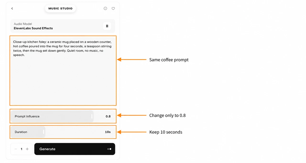 The same coffee prompt with influence changed to 0.8 and duration kept at 10 seconds