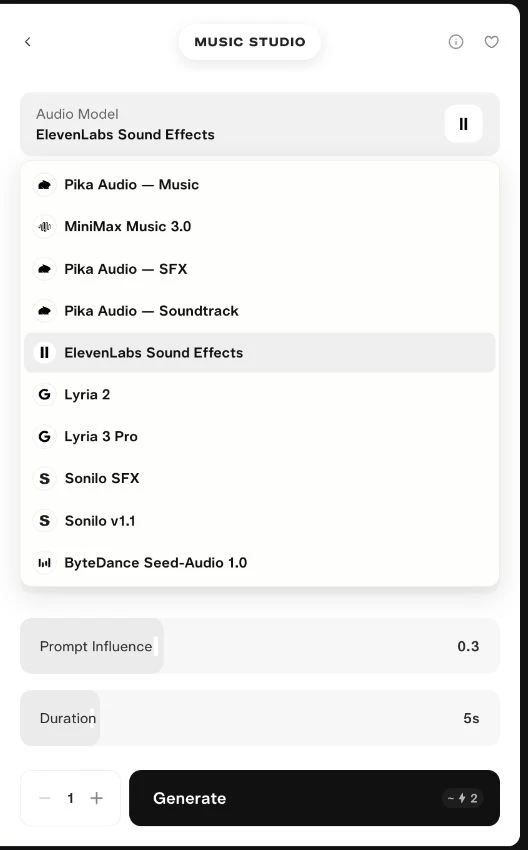 Audio Model menu showing ElevenLabs Sound Effects selected and Pika Audio — SFX as another option