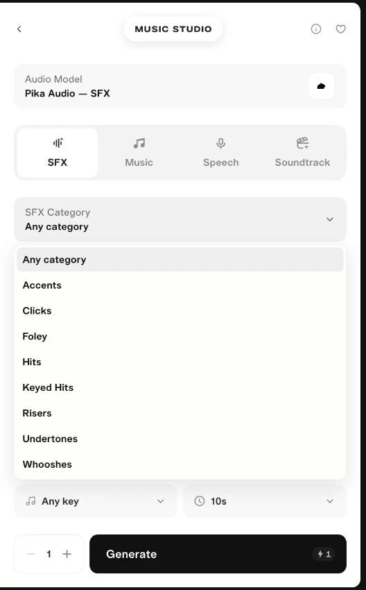 Pika SFX Category menu listing Foley, Clicks, Hits, Risers and Whooshes