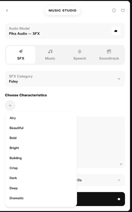 Open characteristic menu beside the Pika SFX input panel