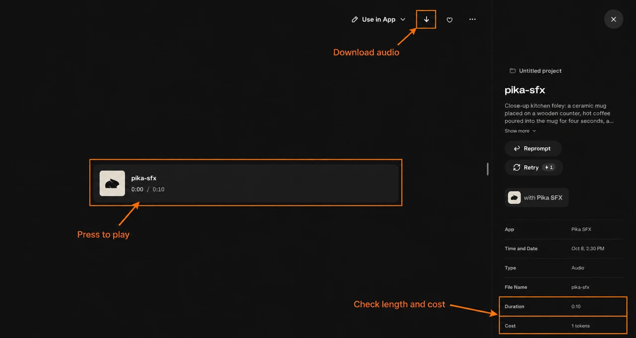 Annotated completed Pika SFX result pointing to download, playback and duration and cost