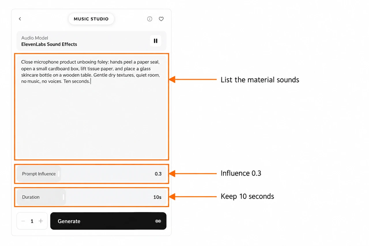 Unboxing brief with annotations pointing to material sounds, influence and duration