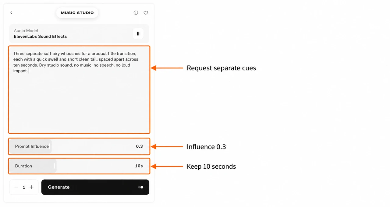 Transition prompt with annotations pointing to the sound request, influence 0.3 and duration 10 seconds