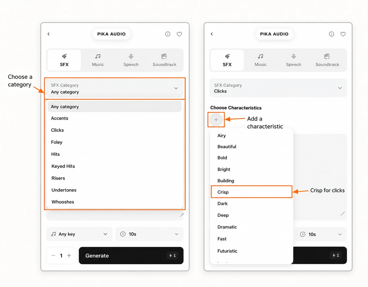 Category and characteristic menus with selected controls marked