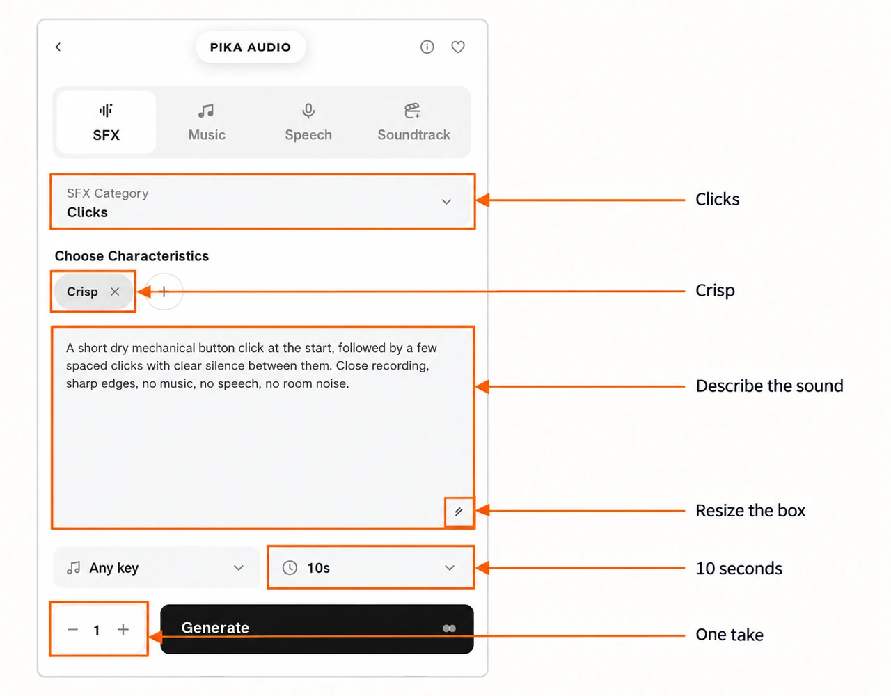 Clicks category Crisp tag prompt resizer duration and one take marked