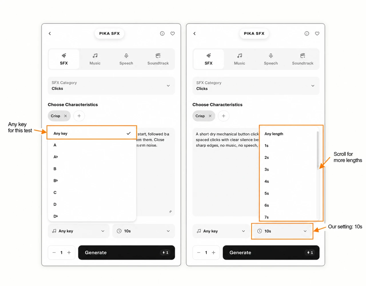 Any key menu and scrolling duration menu with ten-second setting marked