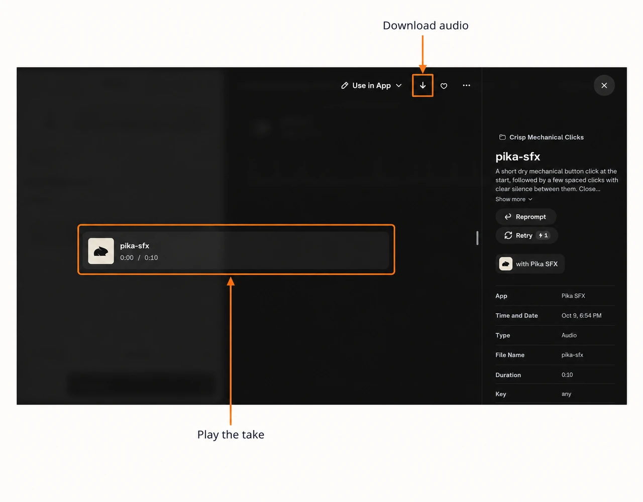 Completed SFX audio player and download arrow marked