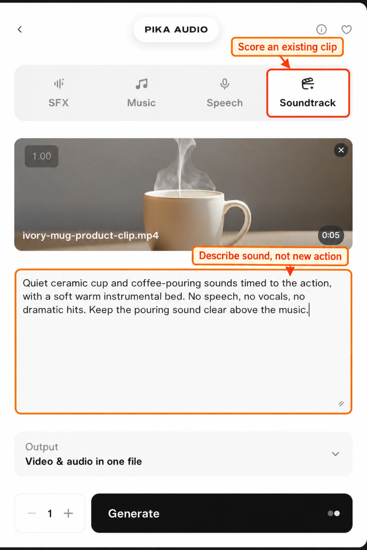 Soundtrack mode and prepared sound instruction marked beside the source clip