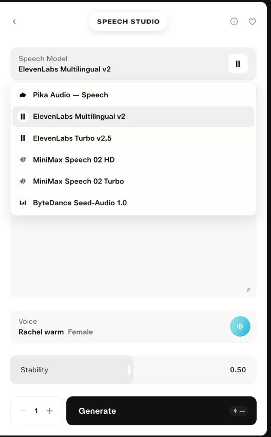 Speech Model menu with ElevenLabs Multilingual v2 selected