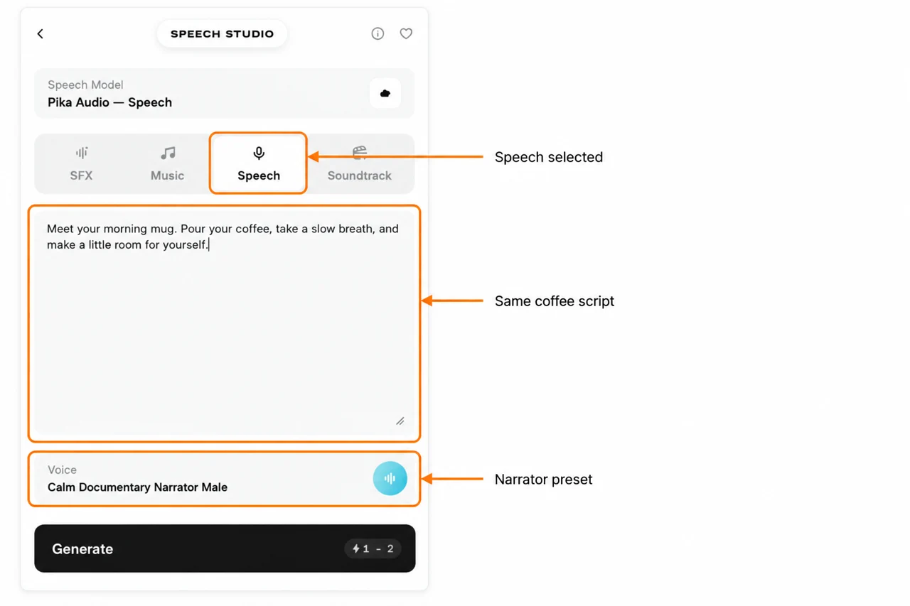 Annotated Pika Speech form pointing to Speech mode, coffee script and Calm Documentary Narrator