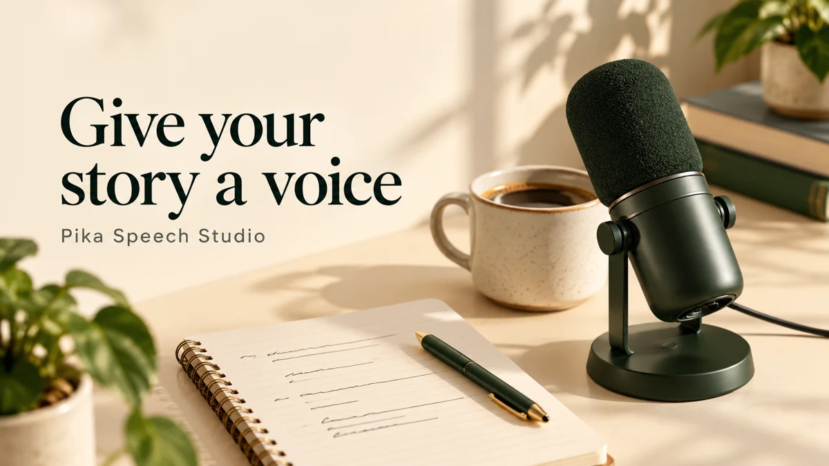 Microphone, coffee mug and notebook with the title Give your story a voice